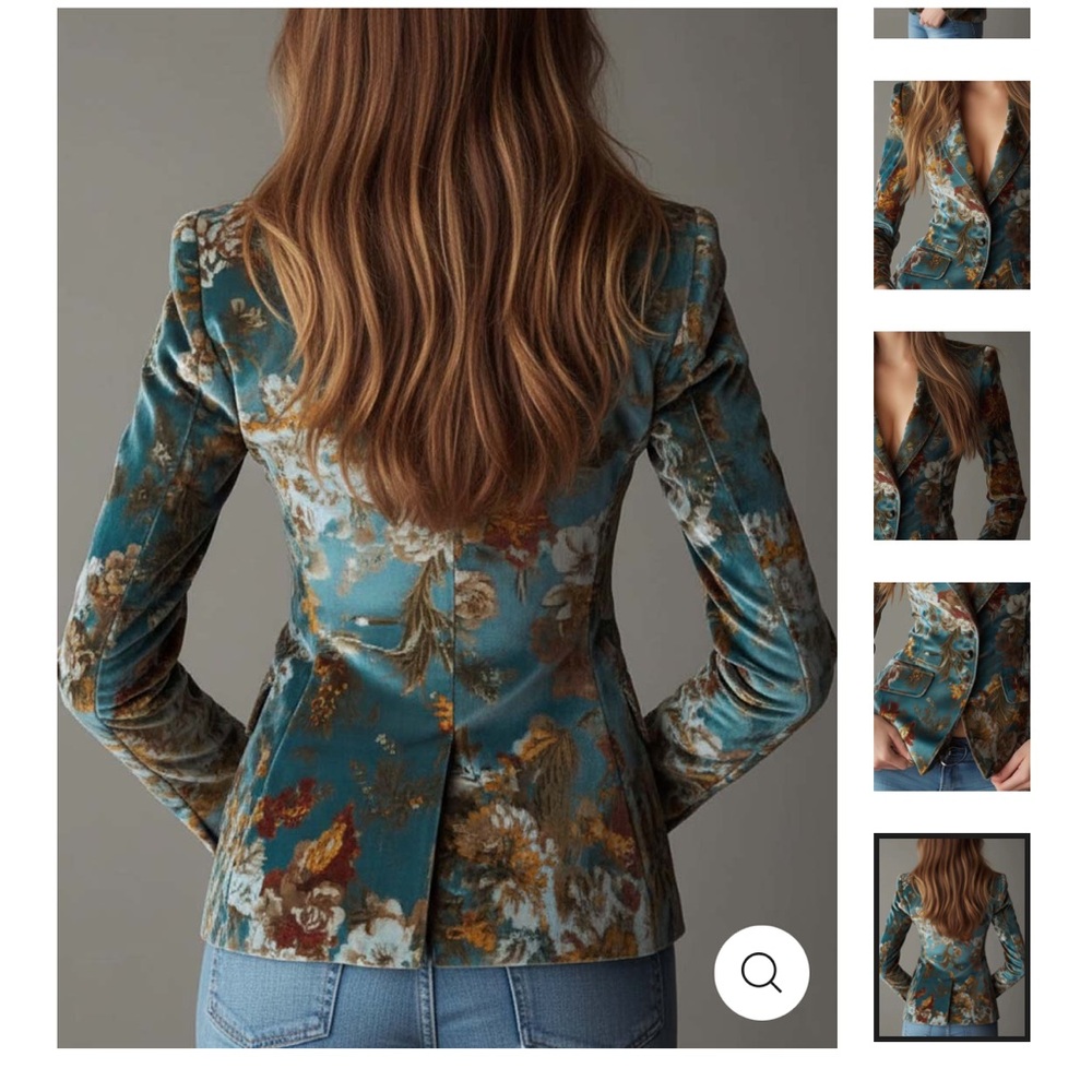 Vintage inspired Floral Velvet Blazer Jacket - Teal size Small - Picture 8 of 9